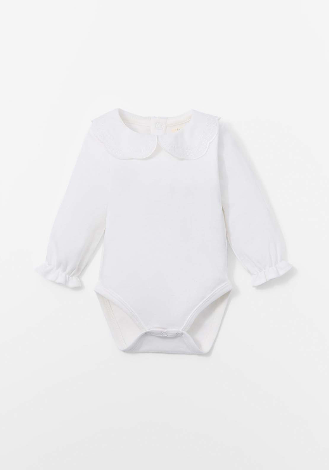 Long Sleeved Bodysuit with Peter Pan Collar - White