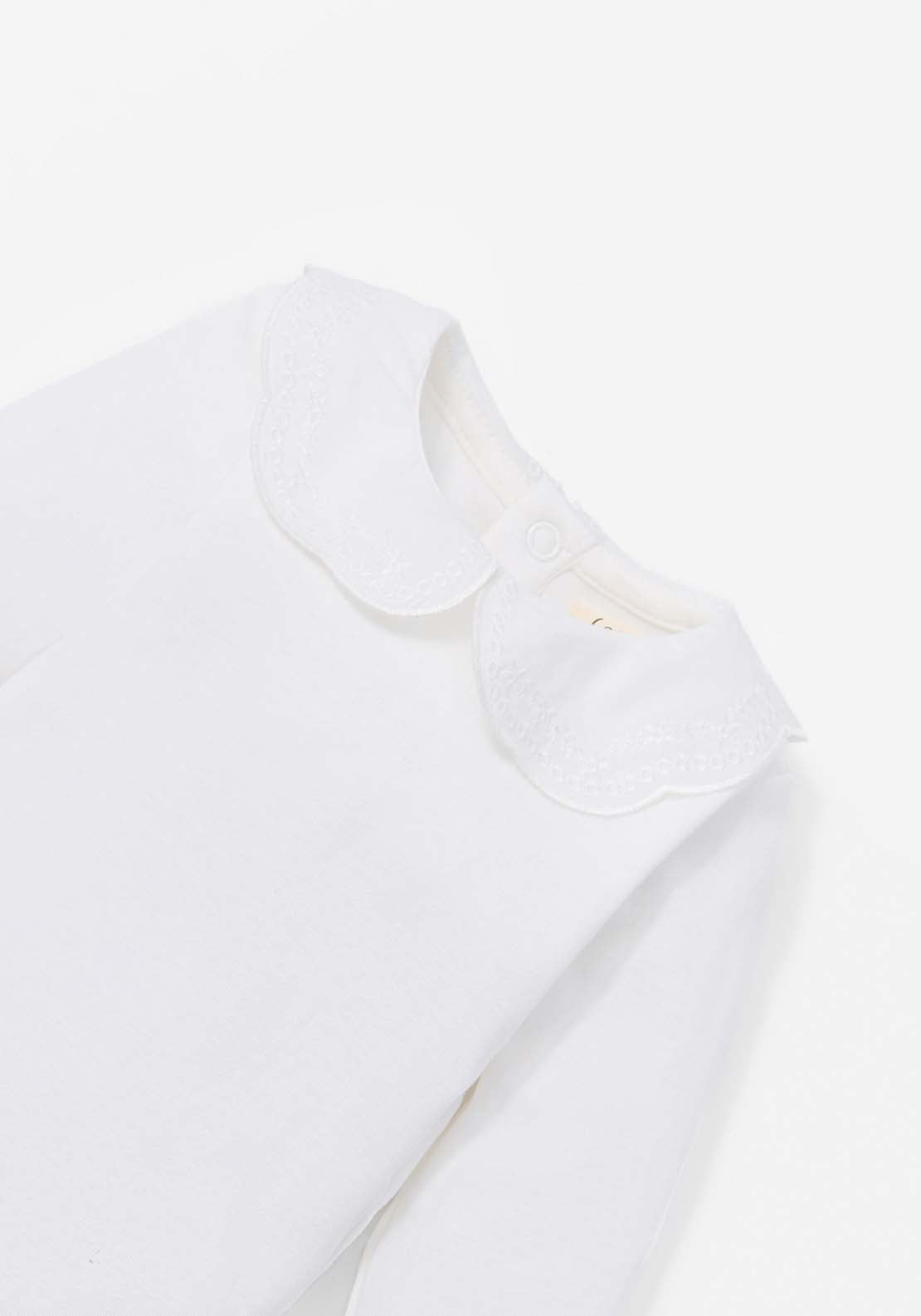Long Sleeved Bodysuit with Peter Pan Collar - White