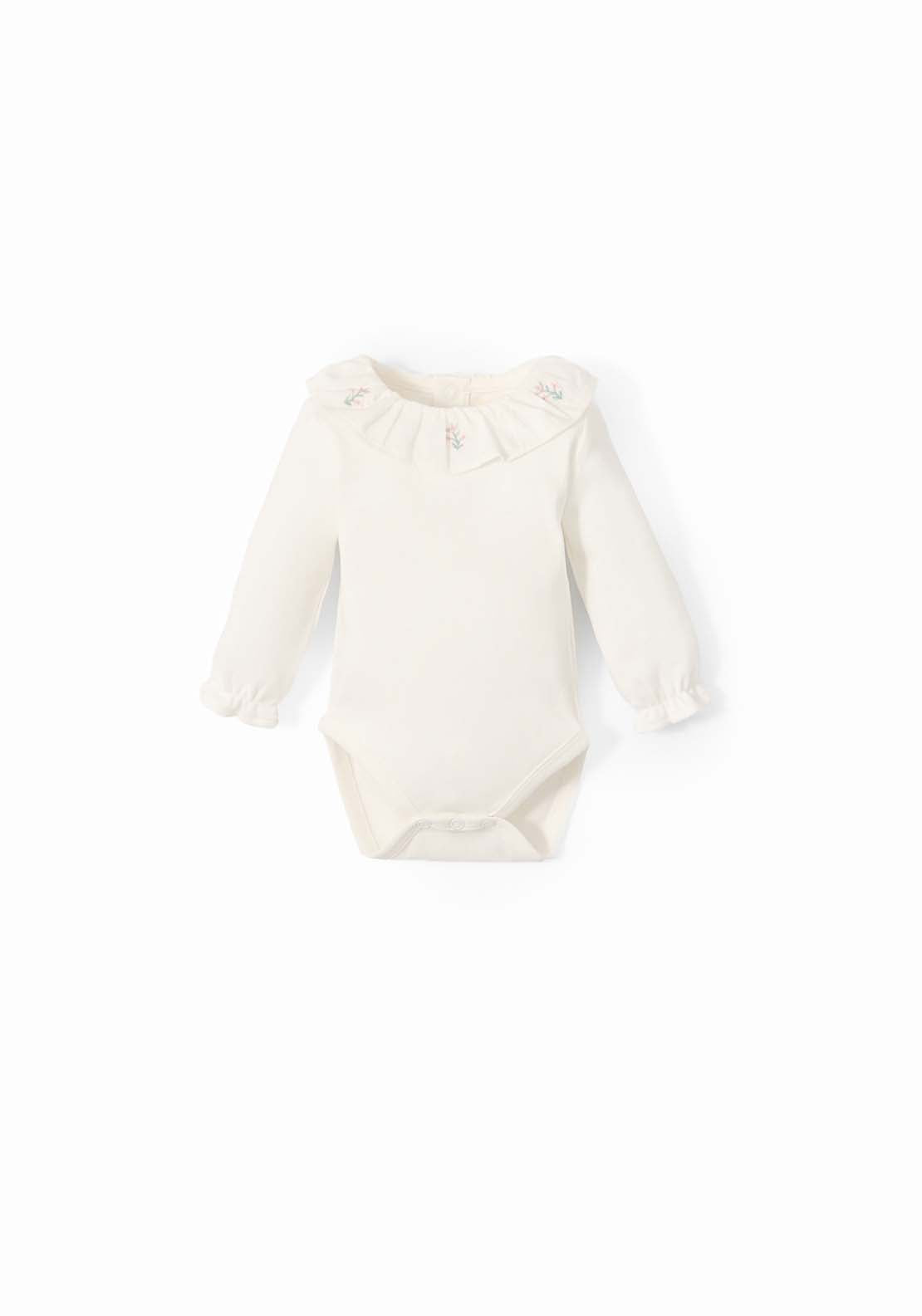 Long Sleeve Embroidered Neck Bodysuit - White