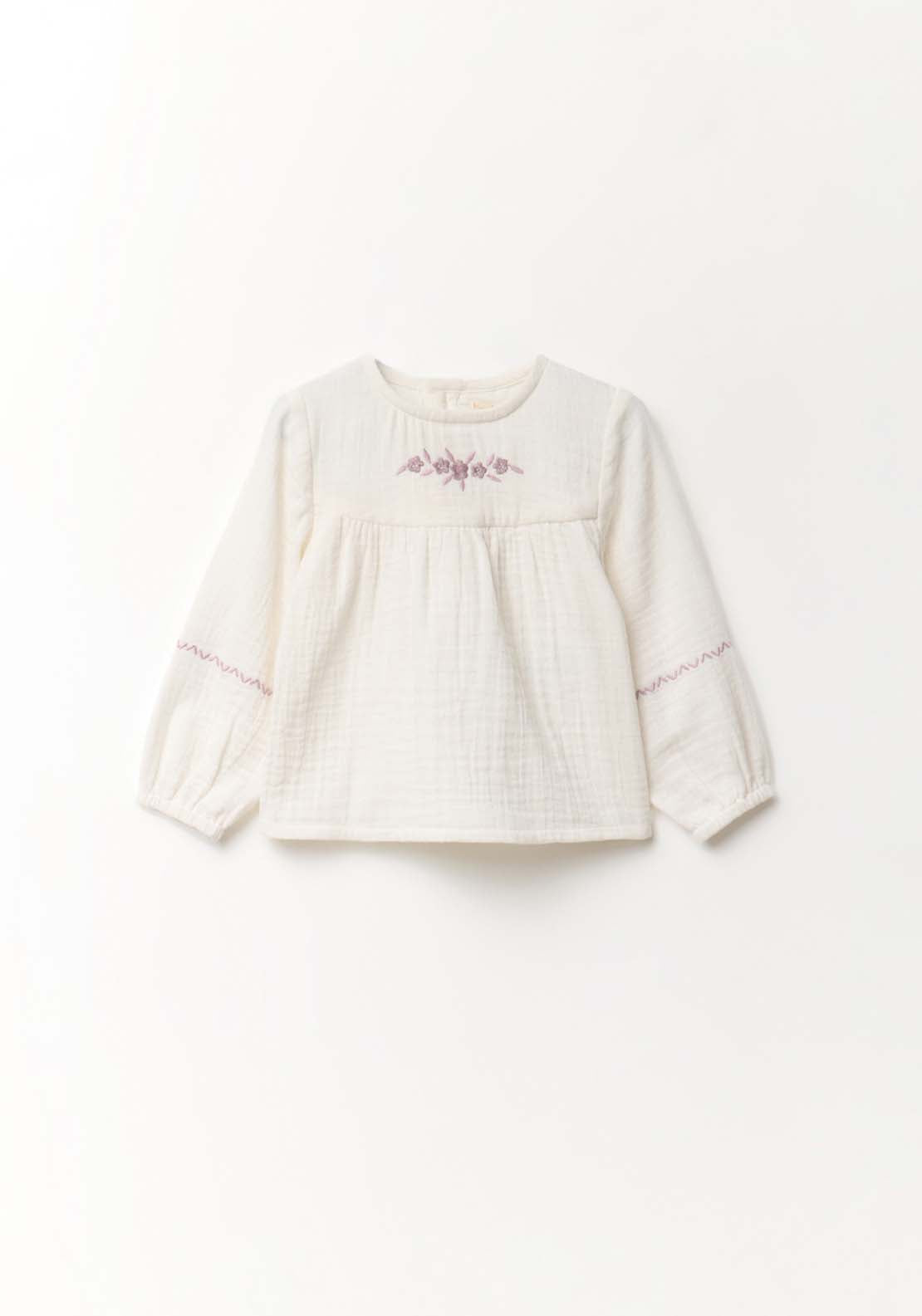 Chest Embroidery Bambula Blouse - Cream