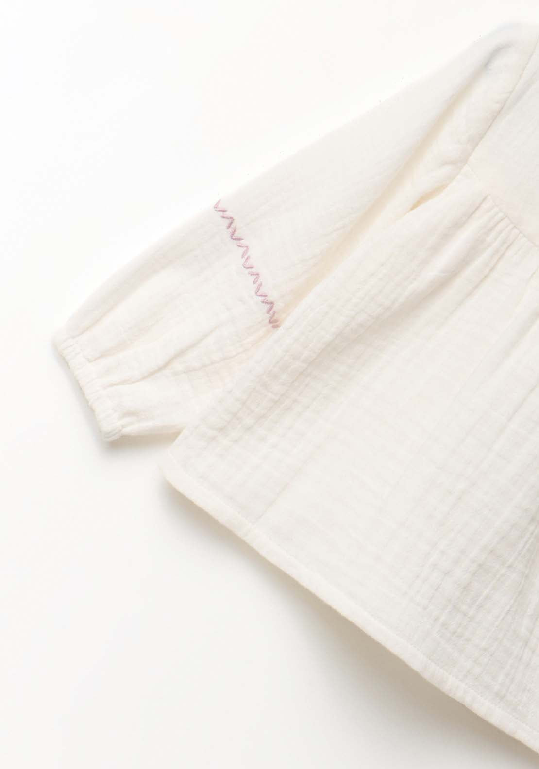 Chest Embroidery Bambula Blouse - Cream
