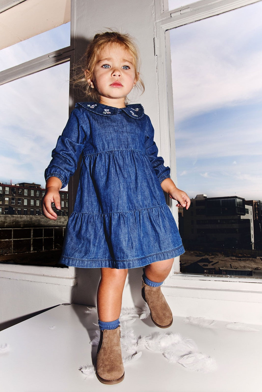Peter Pan Collar Dress Denim - Denim Medium Wash