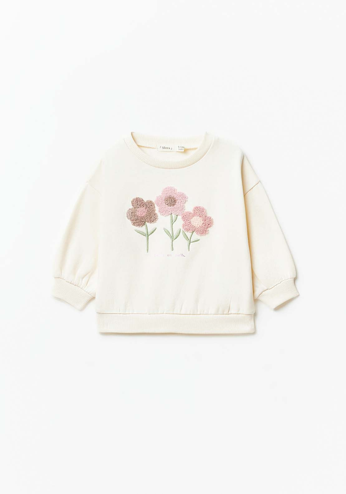 Sfera Long Sleeve Flower Sweatshirt - Ecru 1 Shaws Department Stores