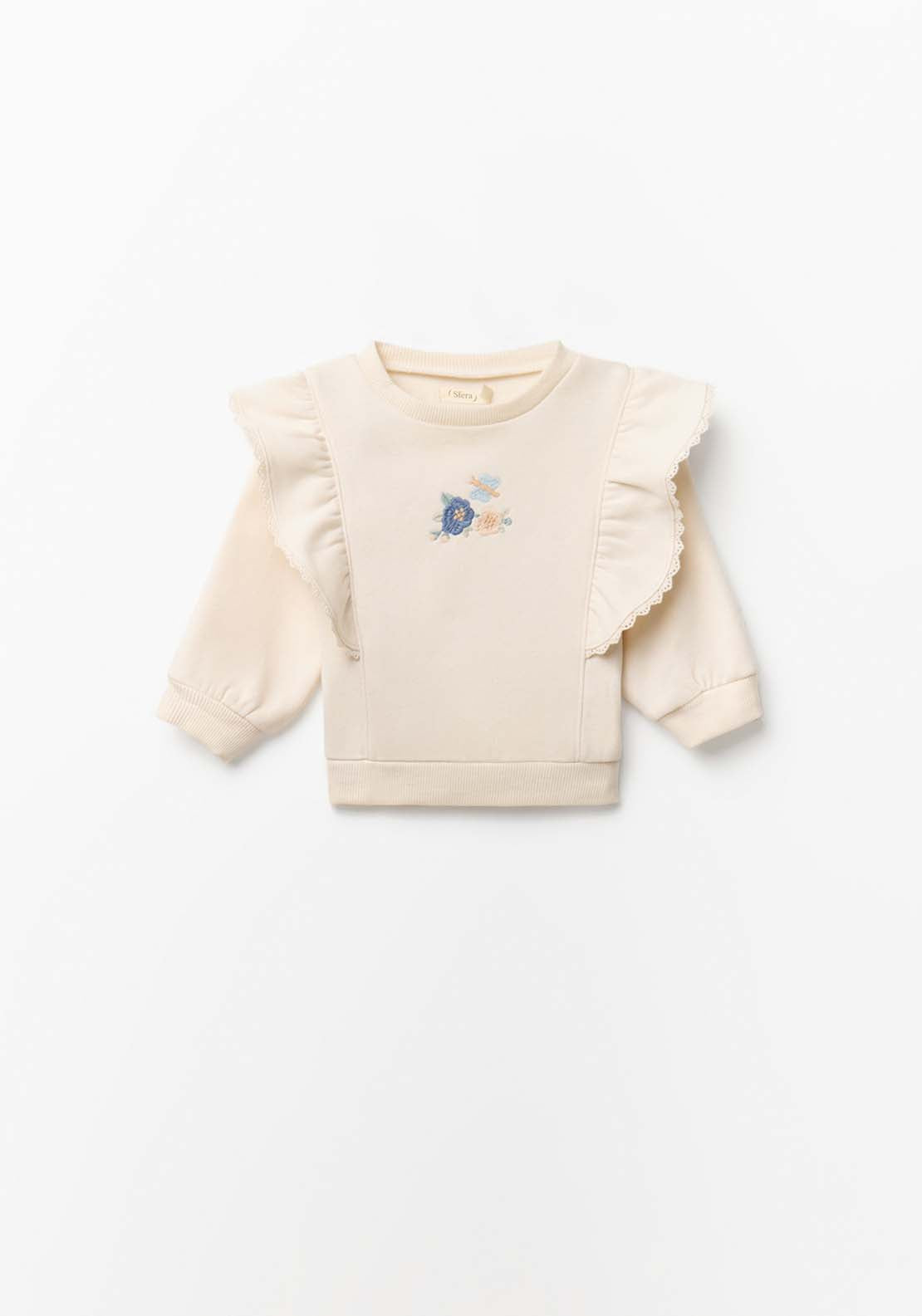 Sweatshirt With Flower Design &amp; Ruffle Detail - Cream