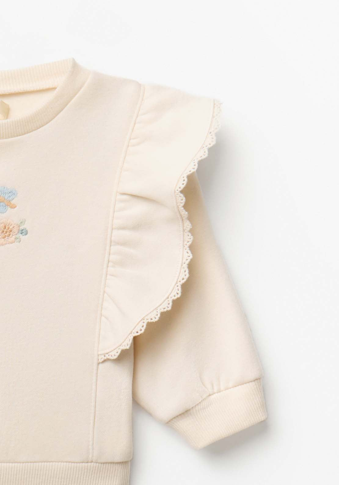 Sweatshirt With Flower Design &amp; Ruffle Detail - Cream