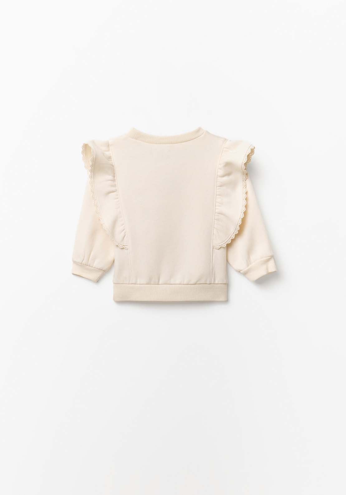 Sweatshirt With Flower Design &amp; Ruffle Detail - Cream