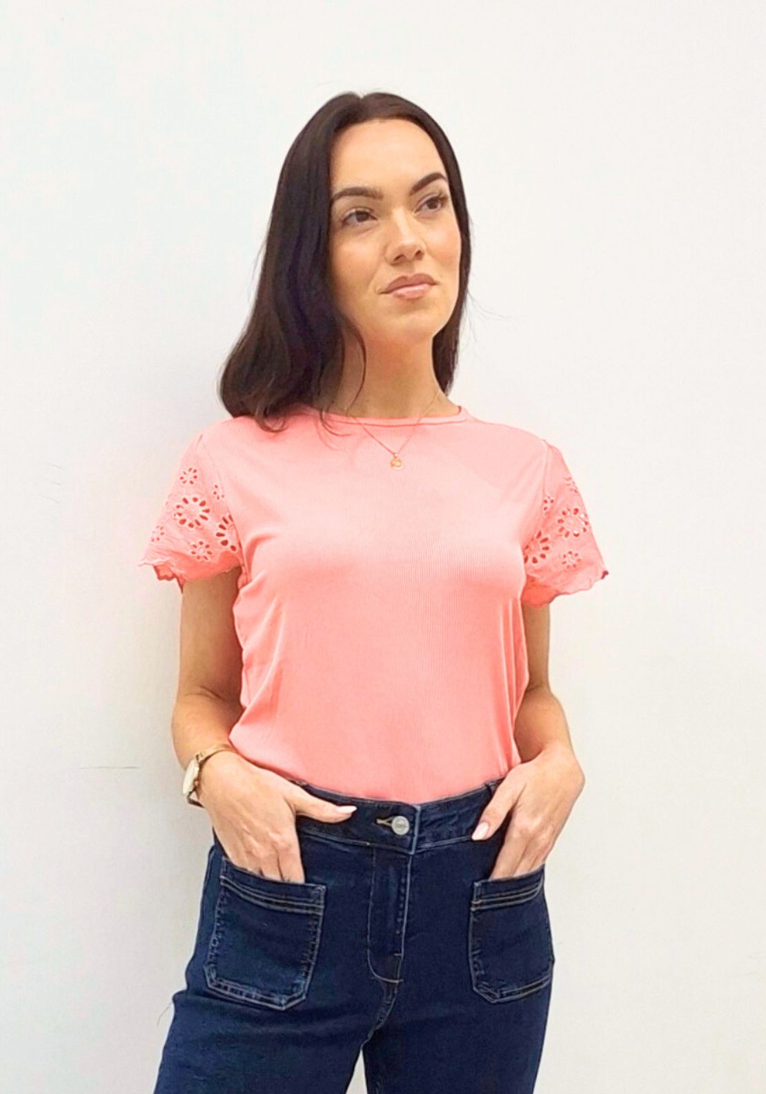 Naoise Short Sleeve Broderie Anglaise Top - Pink 3 Shaws Department Stores