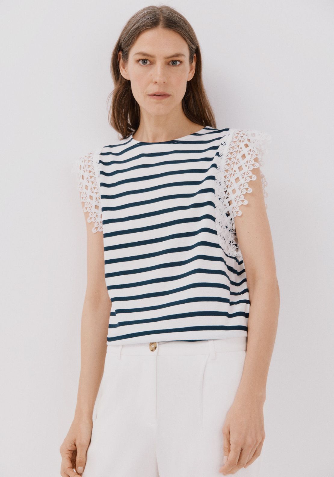 Cortefiel Guipure Sleeve -Shirt - Blue 1 Shaws Department Stores