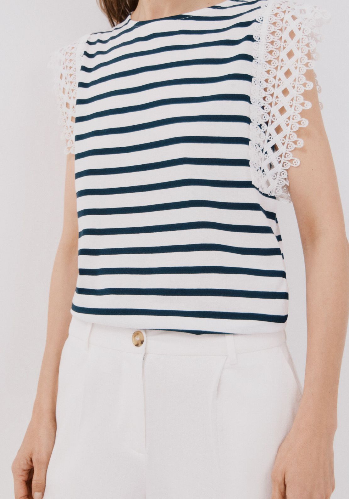 Cortefiel Guipure Sleeve -Shirt - Blue 3 Shaws Department Stores