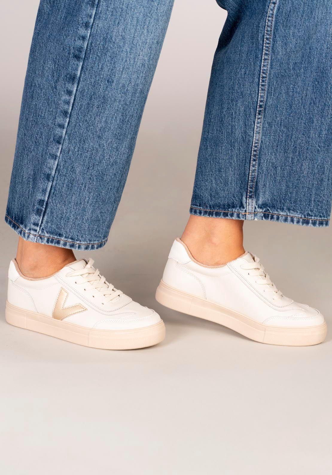 Drilleys Leather Upper V Trainer - Gold V Irish Cream 1 Shaws Department Stores