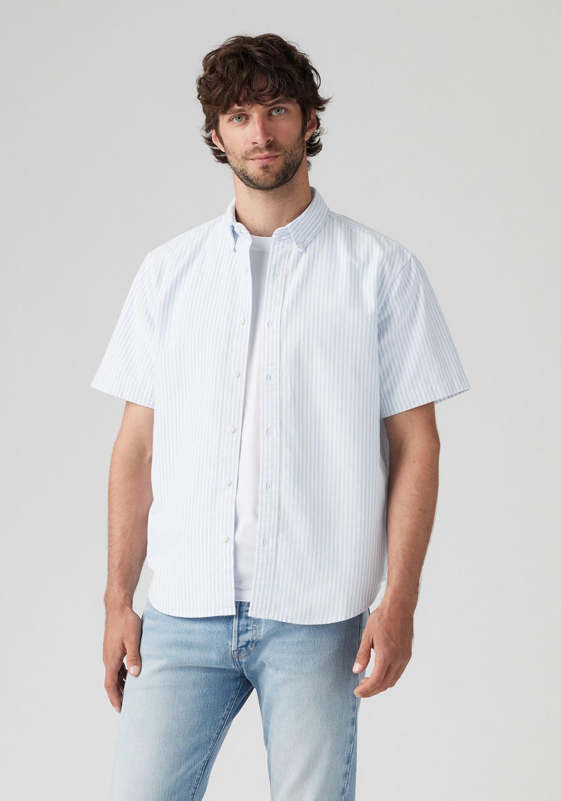 Levis Short Sleeve Authentic Button-Down Shirt - Waylon Stripe Della 1 Shaws Department Stores