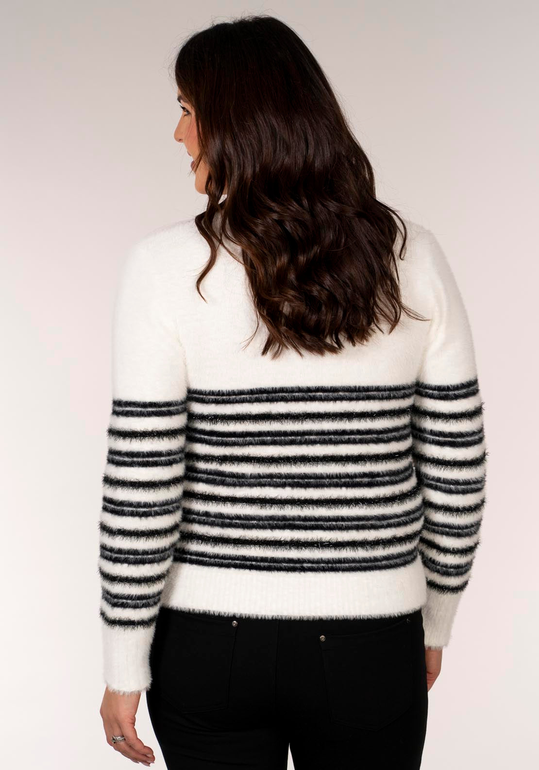 Feather Yarn Lurex Stripe Crew - White