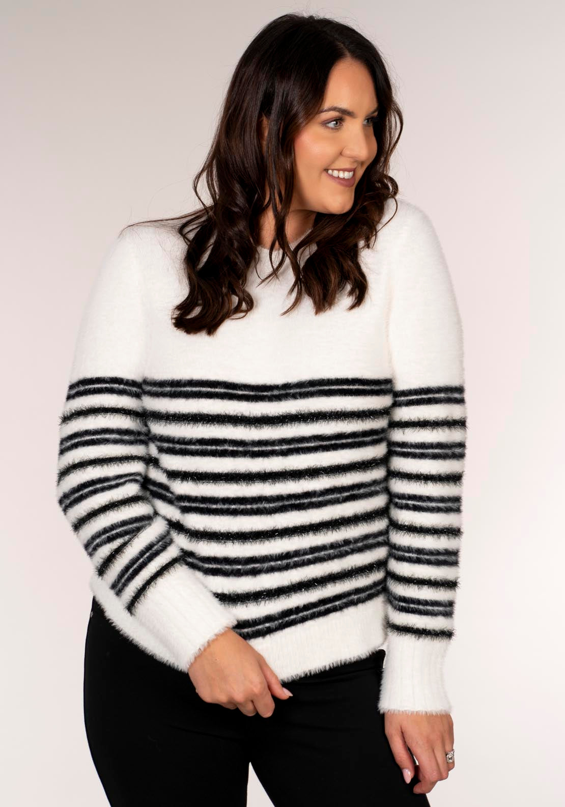 Feather Yarn Lurex Stripe Crew - White