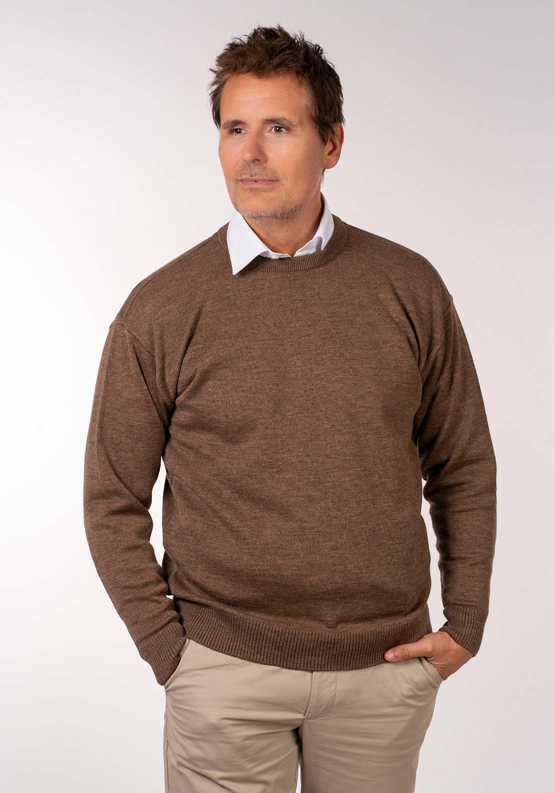 Yeats Plain Crew Neck Knit - Bark 2 Shaws Department Stores