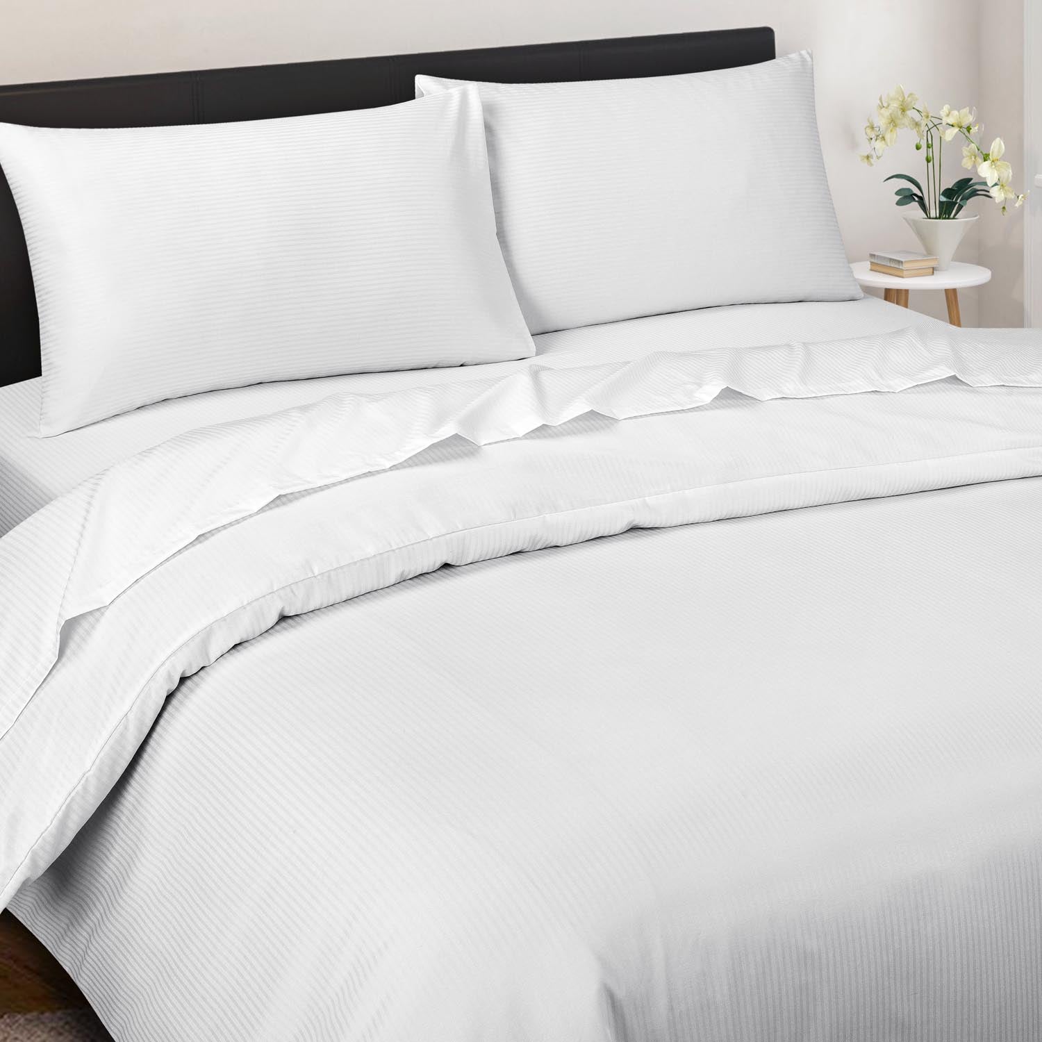 The Home Bedroom 300 Thread Count Satin Stripe Duvet Set - White 1 Shaws Department Stores