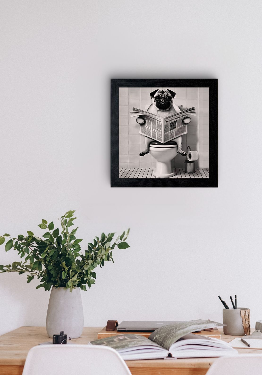 The Home Collection Bulldog On Loo Black &amp; White Framed Picture - Black 2 Shaws Department Stores