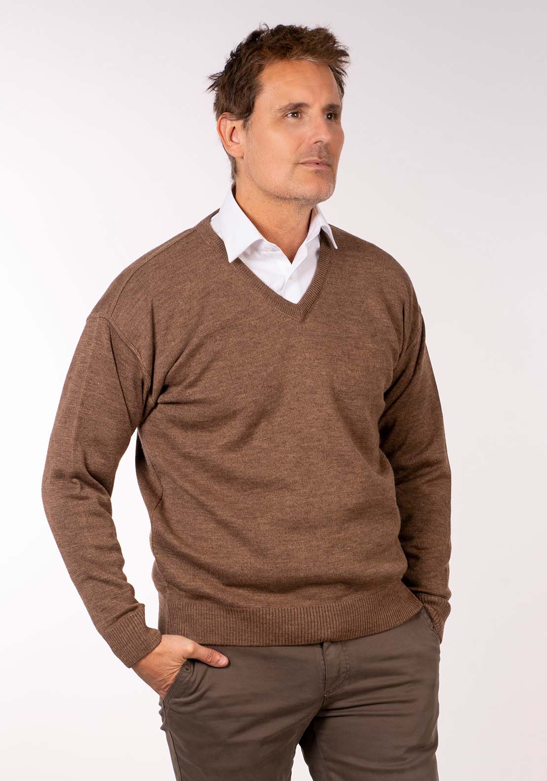 Yeats Plain V Neck Knit - Bark 2 Shaws Department Stores