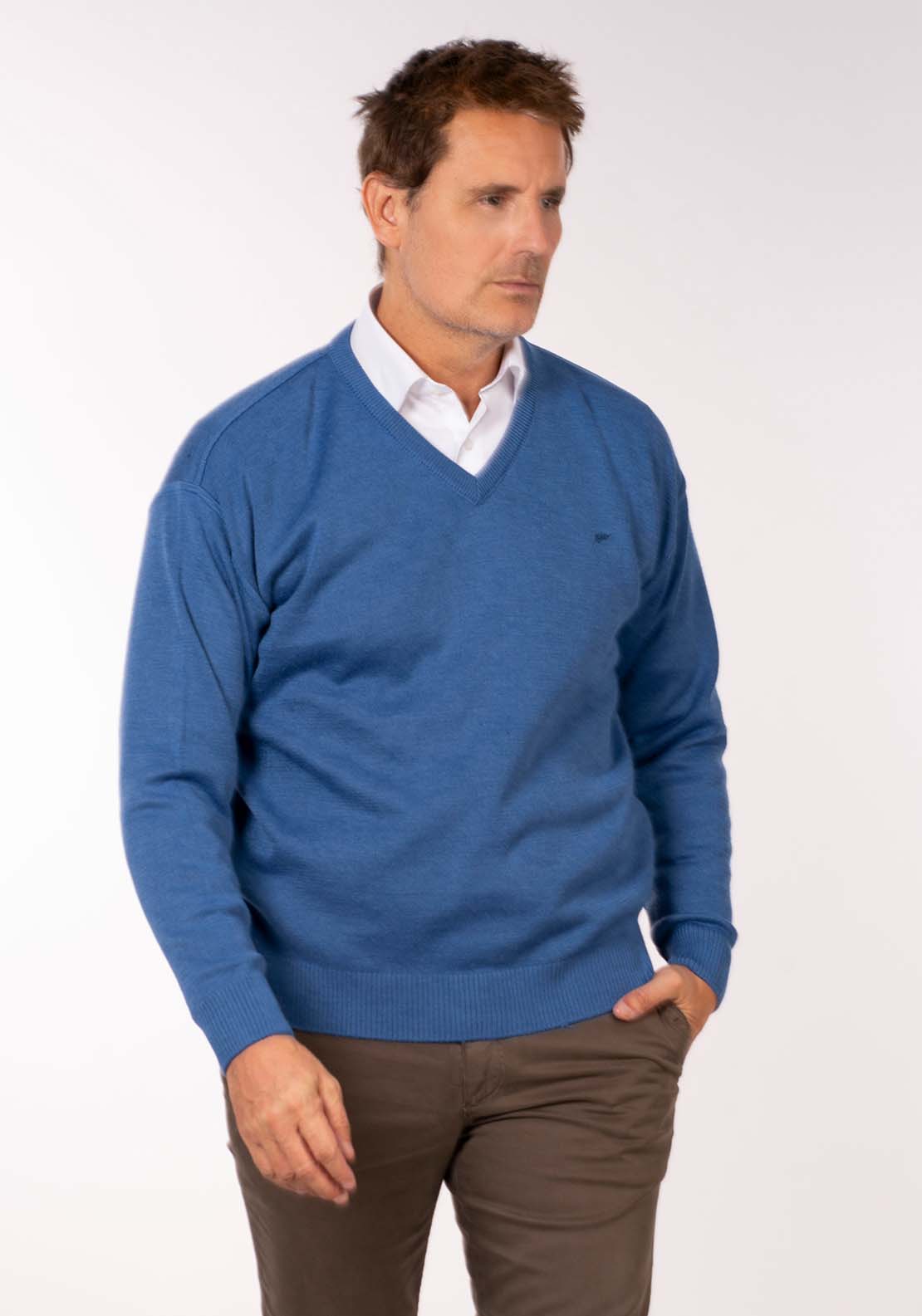 Yeats Plain V Neck Knit - Denim 2 Shaws Department Stores