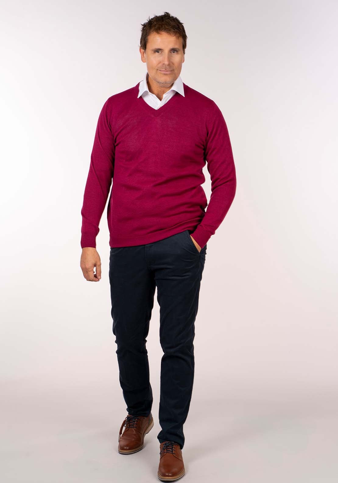 Yeats Mens V-Neck Merino Wool Jumper - Pink 1 Shaws Department Stores