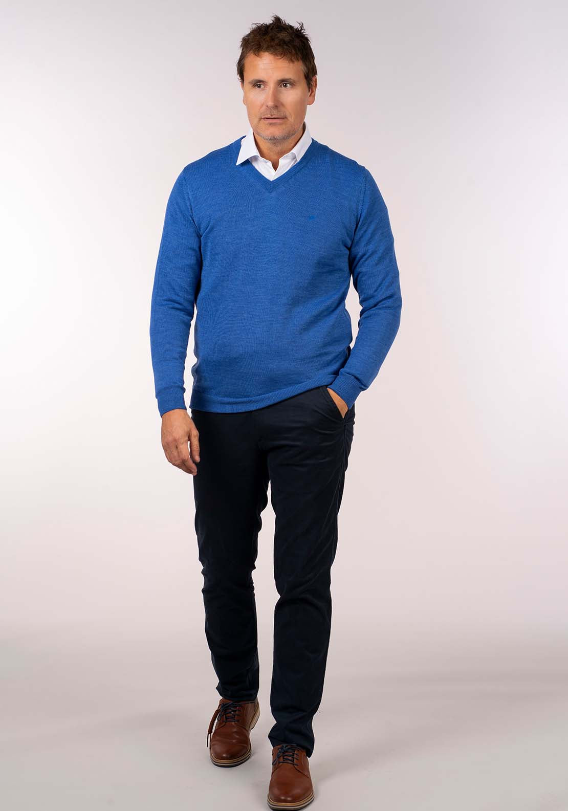 Yeats Mens V-Neck Merino Wool Jumper - Denim 1 Shaws Department Stores