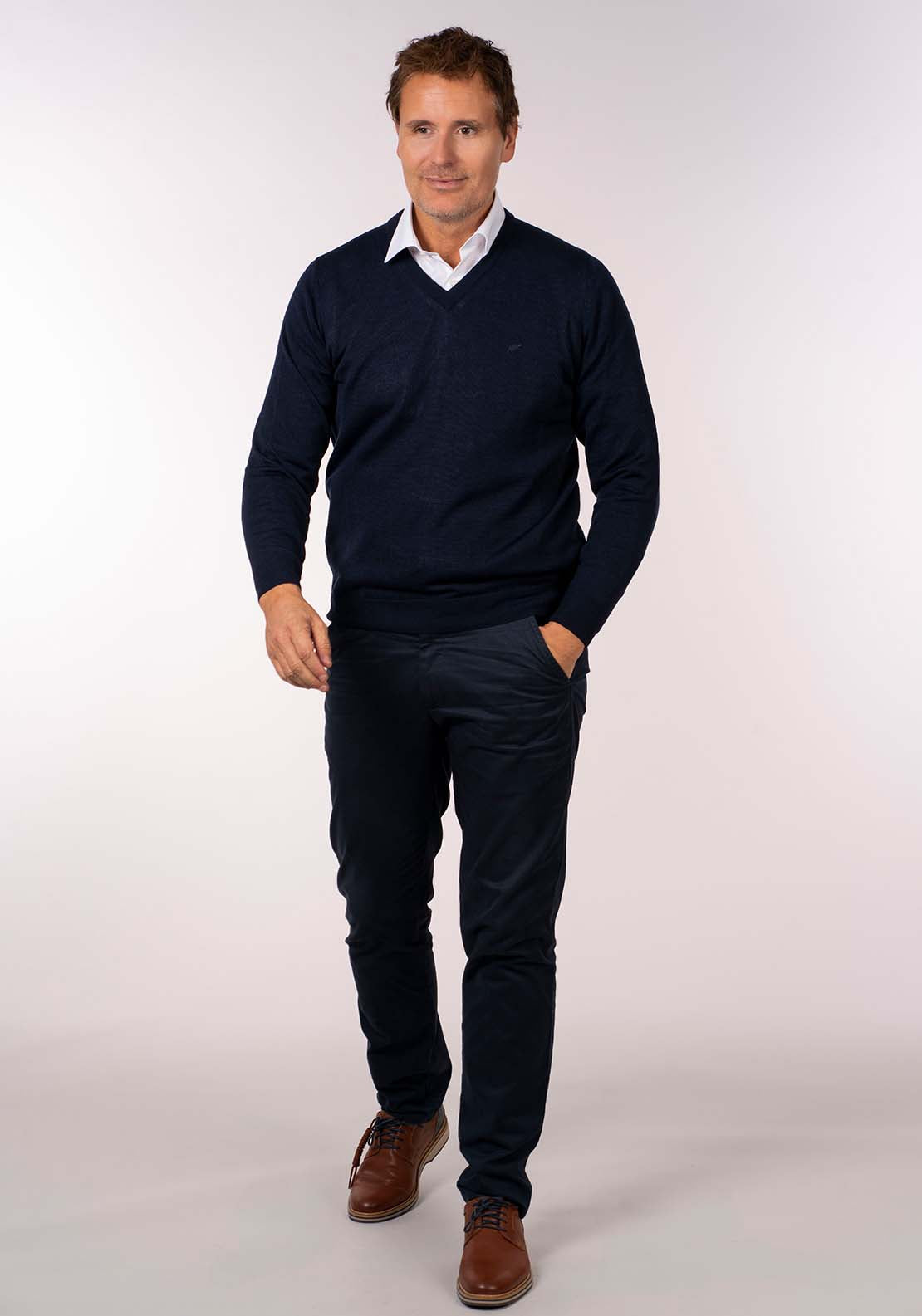 Yeats Mens V-Neck Merino Wool Jumper - Navy 1 Shaws Department Stores