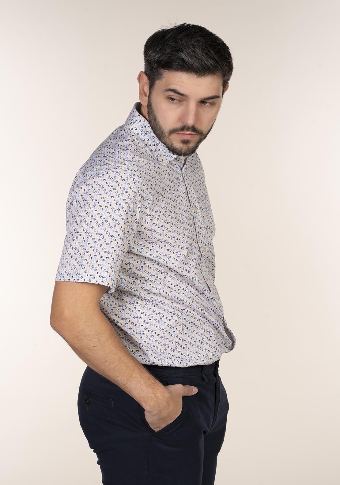 Chris Cayne Short Sleeve Print Shirt - Blue / Beige 5 Shaws Department Stores