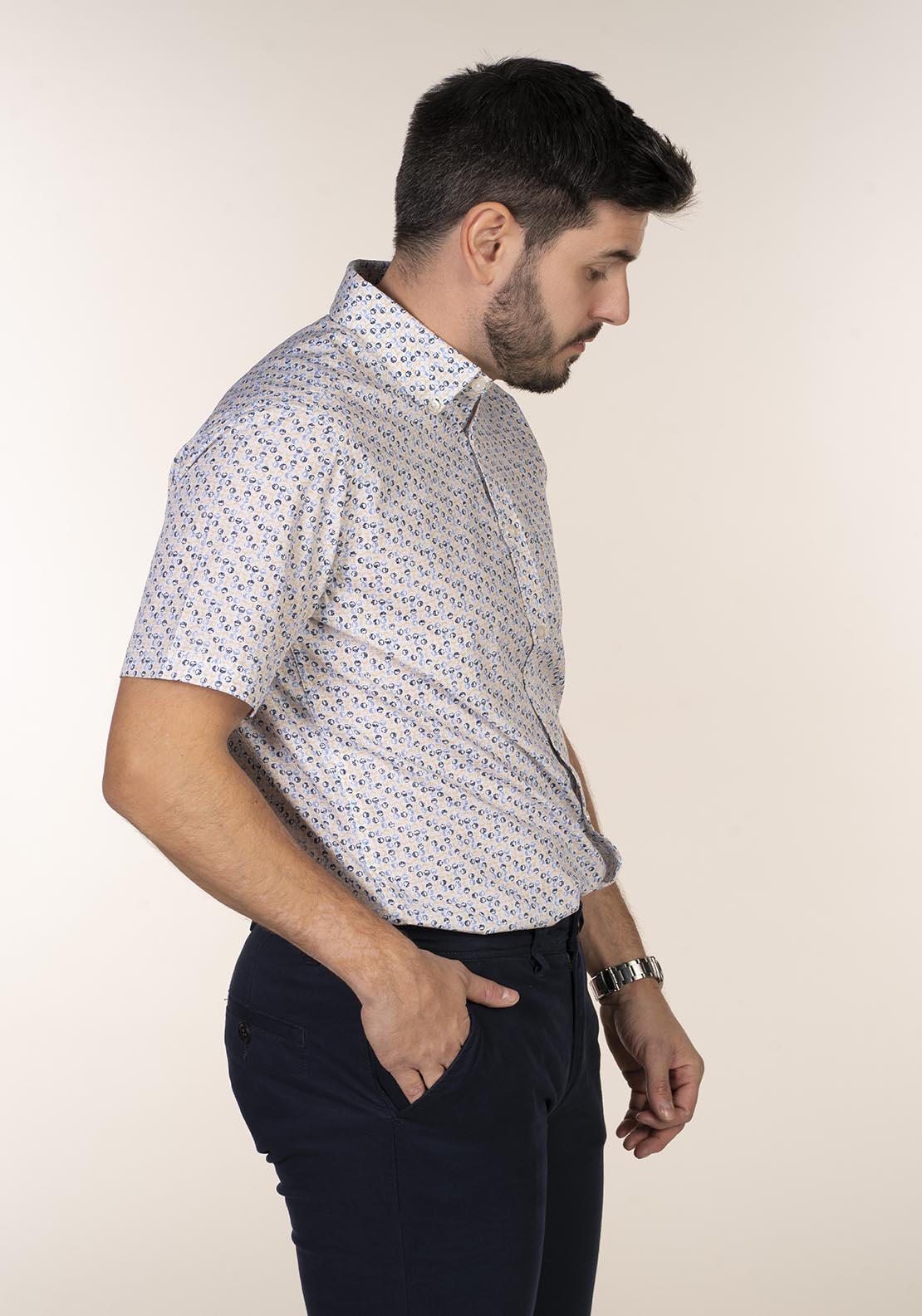 Chris Cayne Short Sleeve Print Shirt - Blue / Beige 3 Shaws Department Stores