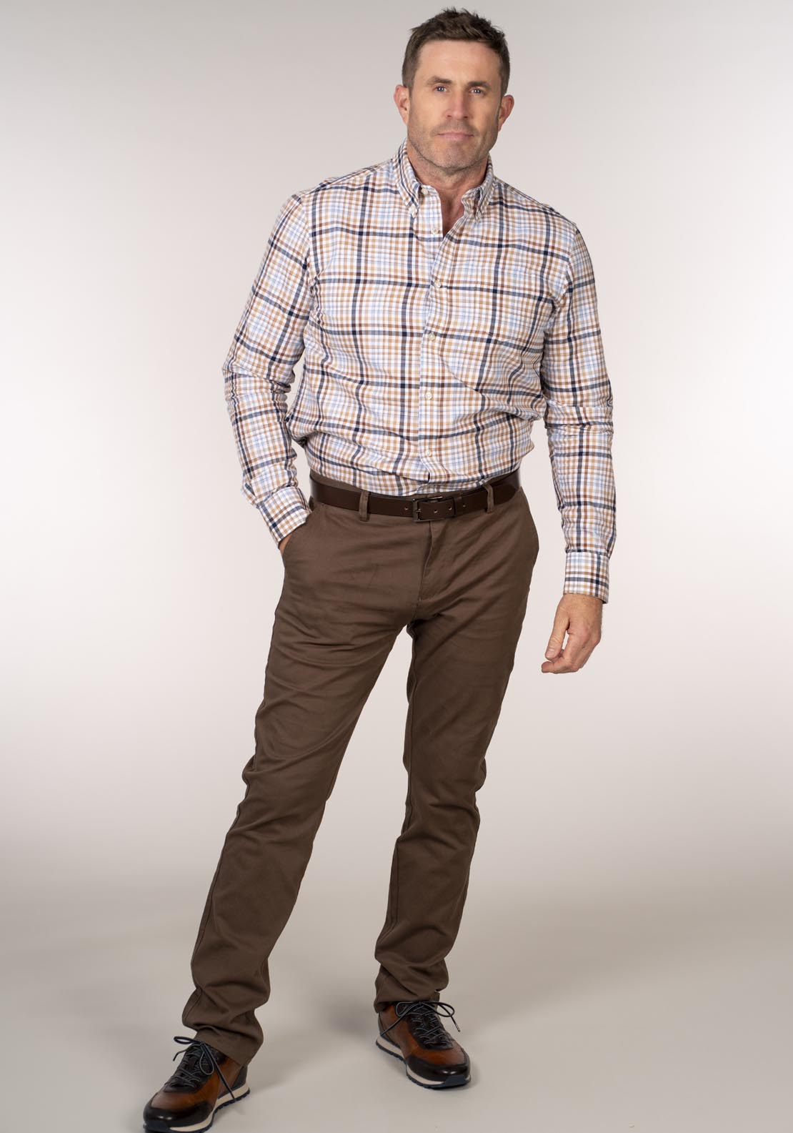 Chris Cayne Long Sleeve Check Shirt - Beige 4 Shaws Department Stores