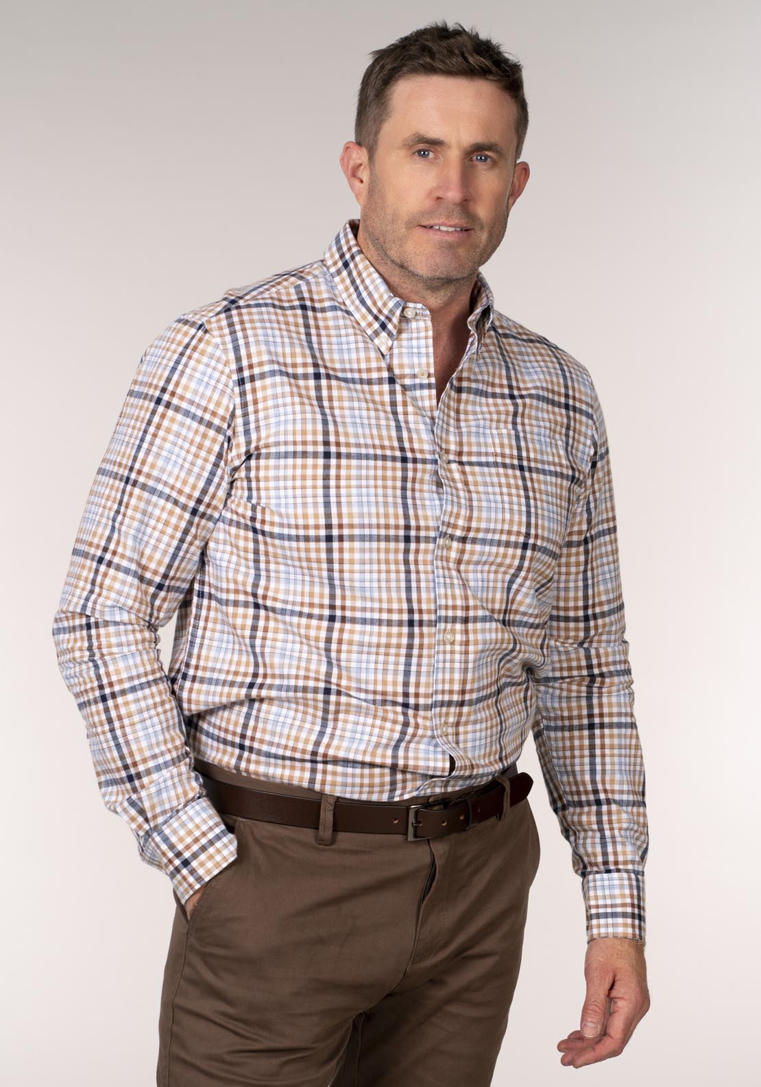 Chris Cayne Long Sleeve Check Shirt - Beige 1 Shaws Department Stores