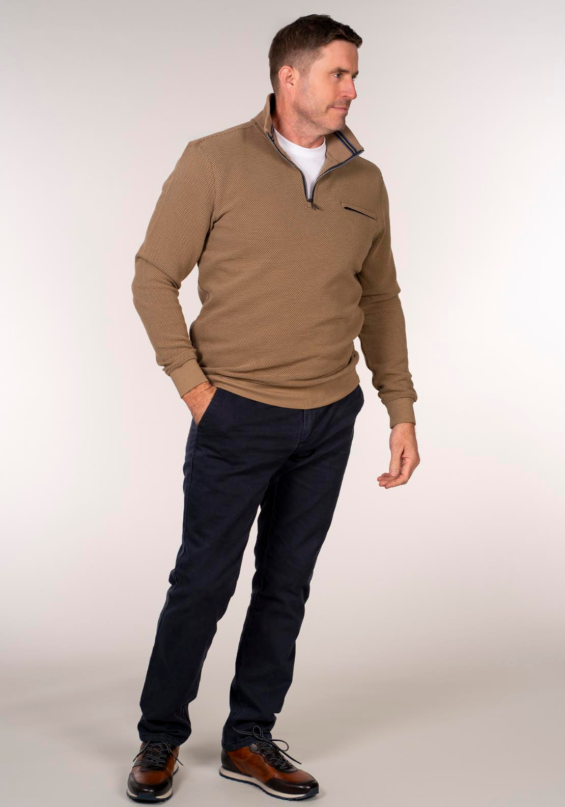 Chris Cayne 1/4 Zip Sweater With Chest Pocket - Camel 4 Shaws Department Stores