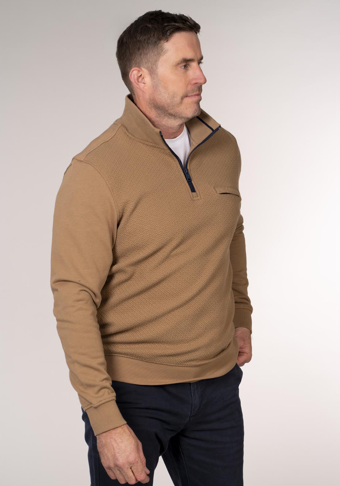 Chris Cayne 1/4 Zip Sweater With Chest Pocket - Camel 3 Shaws Department Stores