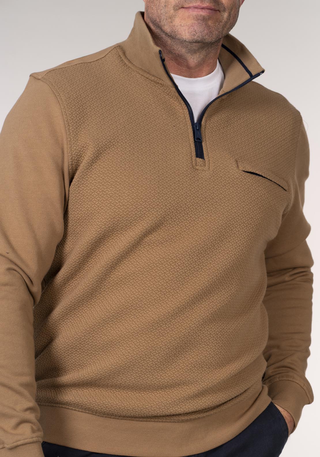 Chris Cayne 1/4 Zip Sweater With Chest Pocket - Camel 4 Shaws Department Stores