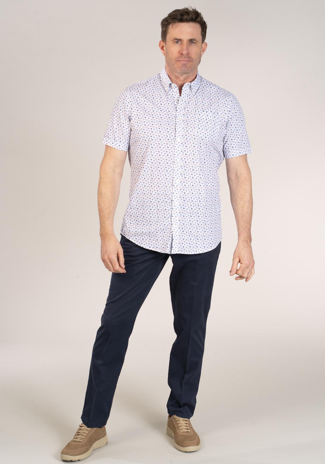 Chris Cayne Short Sleeve Print Shirt - Beige 4 Shaws Department Stores