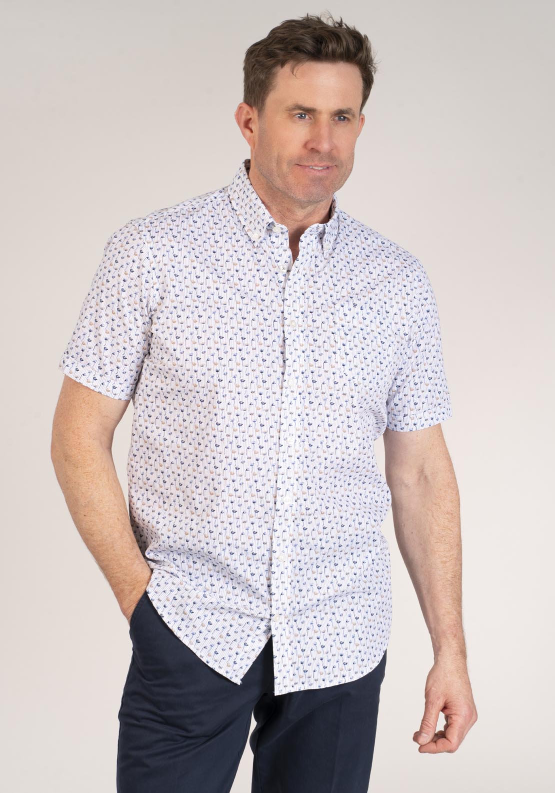 Chris Cayne Short Sleeve Print Shirt - Beige 1 Shaws Department Stores