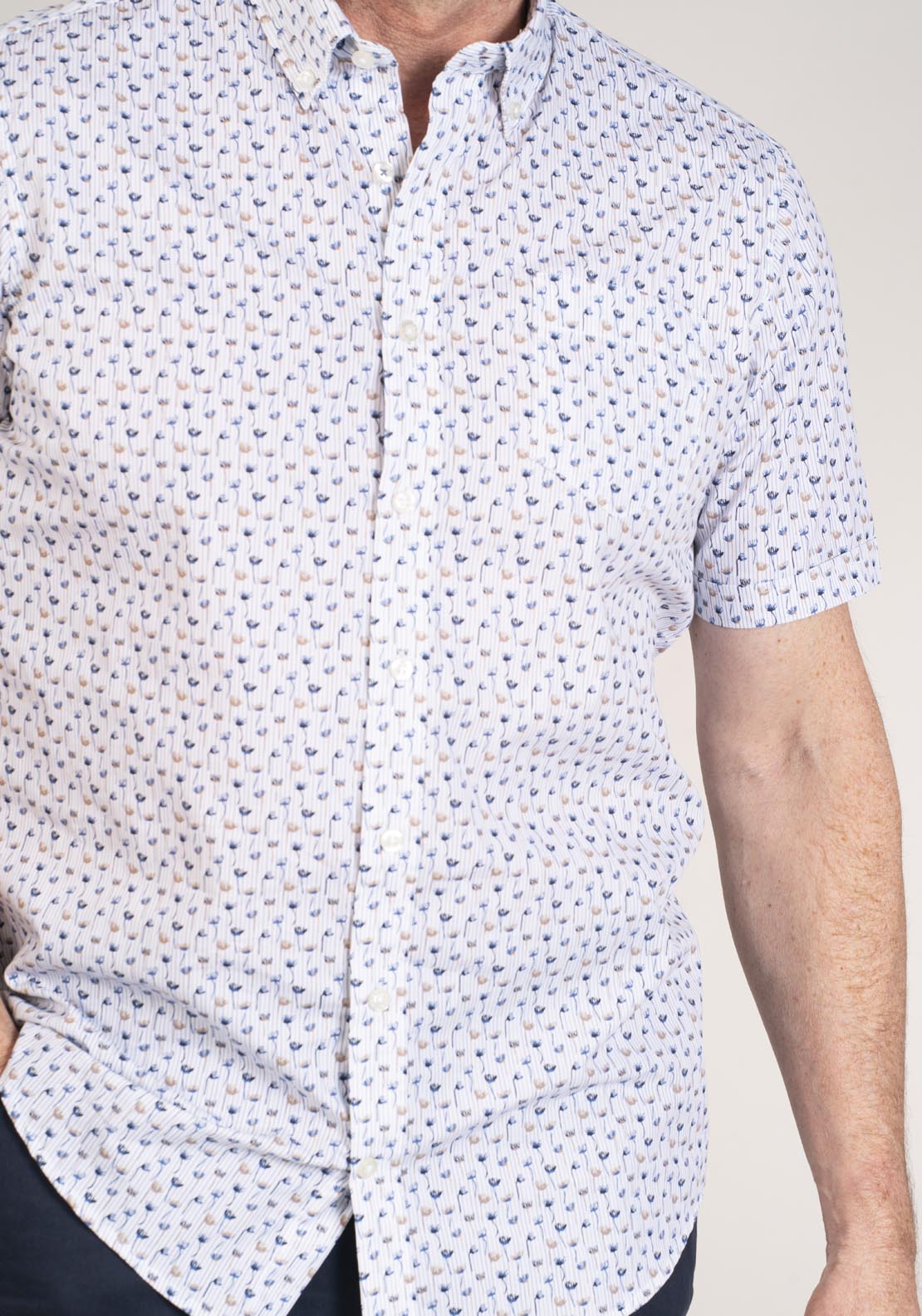 Chris Cayne Short Sleeve Print Shirt - Beige 3 Shaws Department Stores