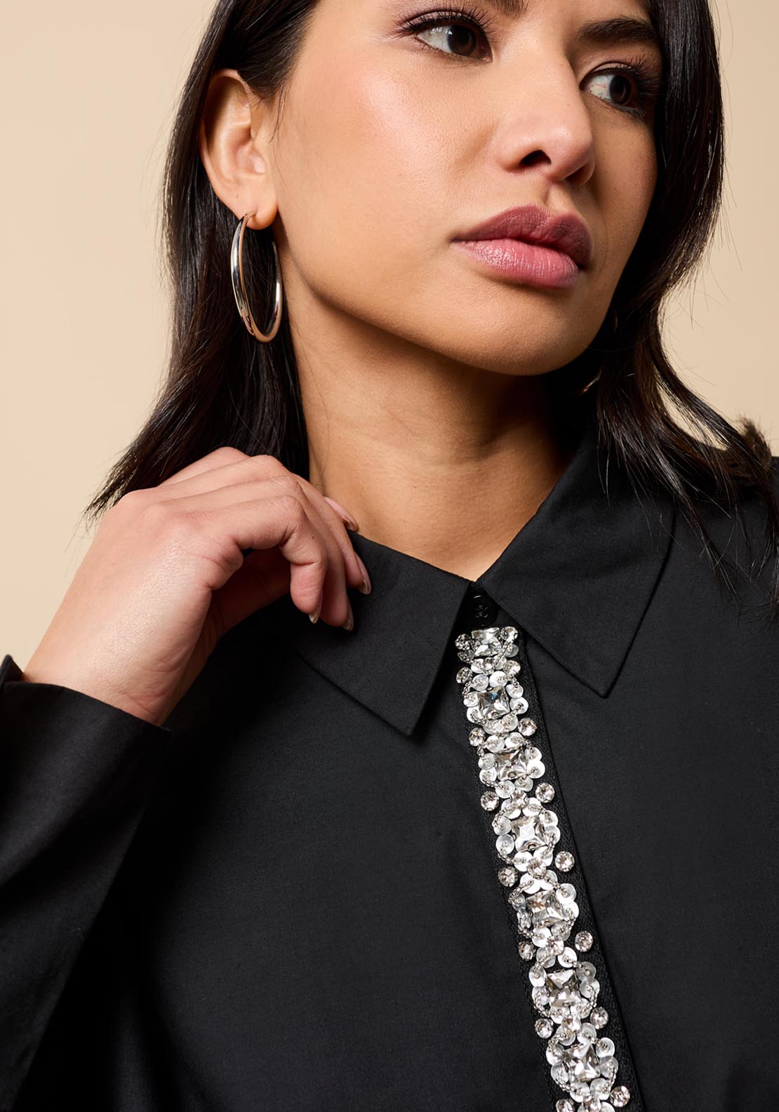Little Mistress Embellished Trim Detail Shirt - Black 3 Shaws Department Stores