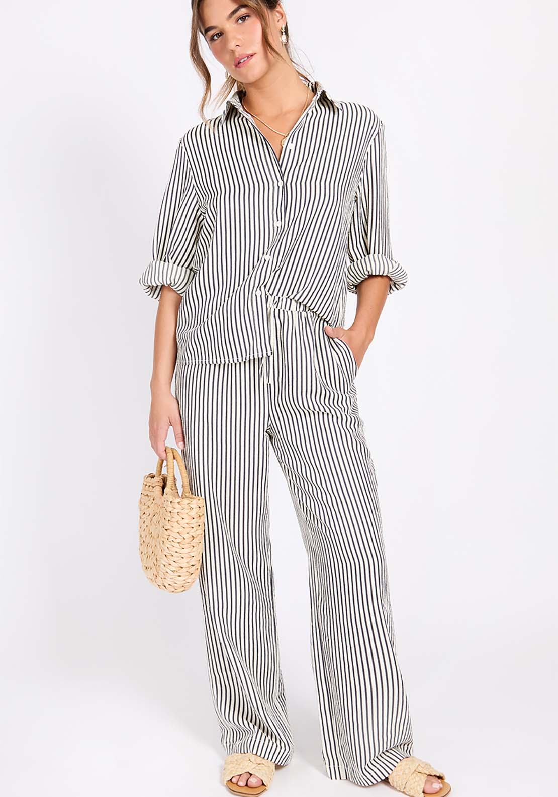 Little Mistress Striped Wide Leg Trousers - Black And Cream 1 Shaws Department Stores