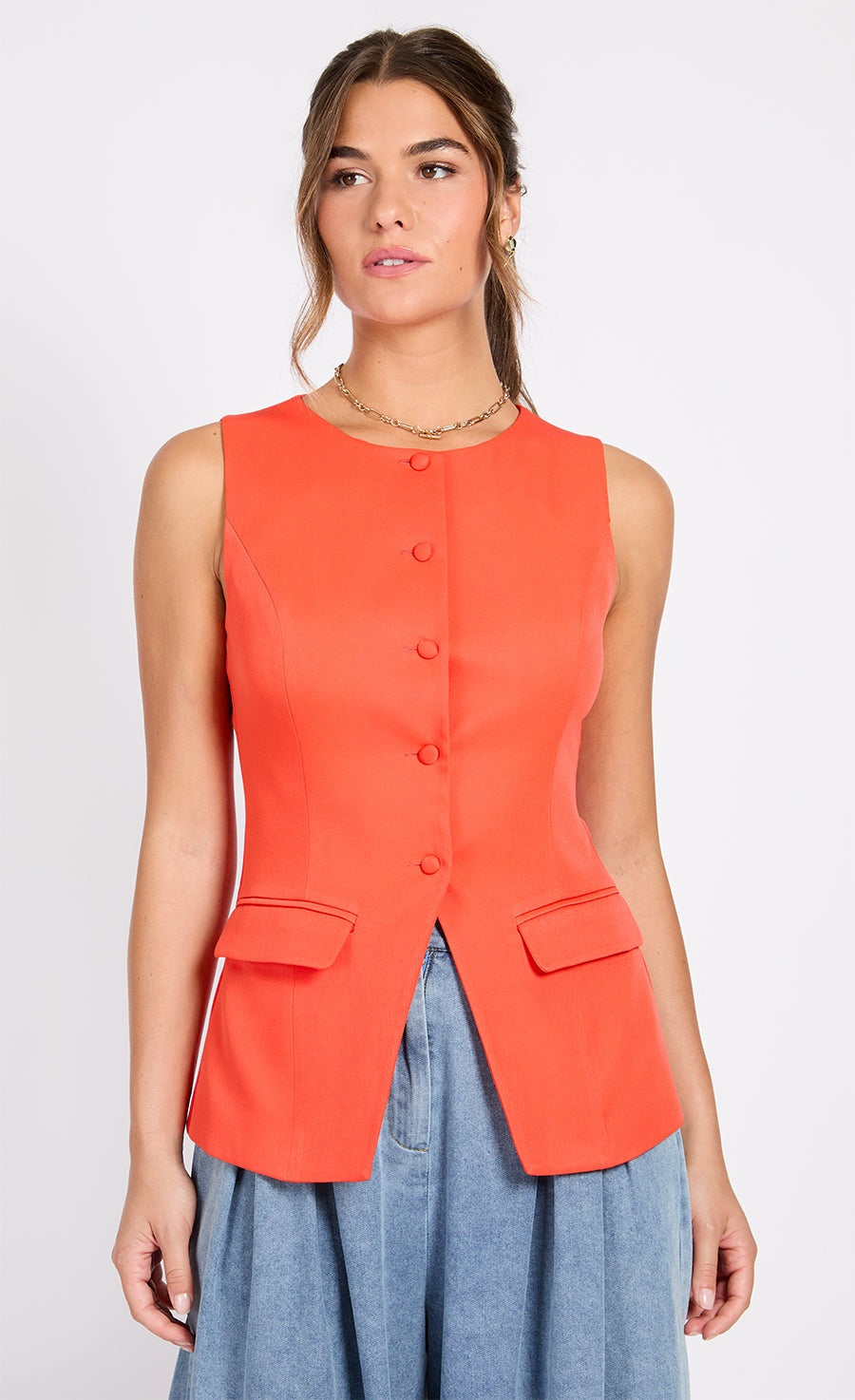Little Mistress Tomato Sleeveless Waistcoat - Tomato 1 Shaws Department Stores