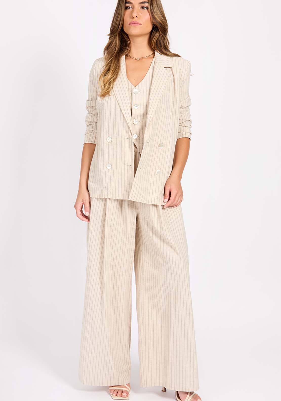 Little Mistress Striped Linen Blazer - Oatmeal 2 Shaws Department Stores