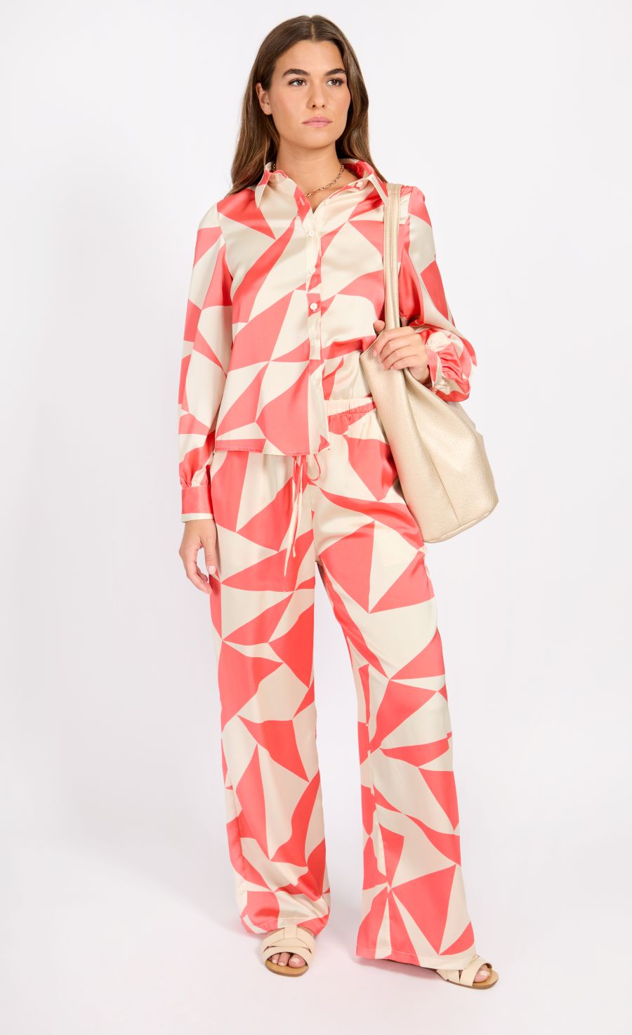 Little Mistress Coral Geo Print Satin Shirt - Coral 2 Shaws Department Stores