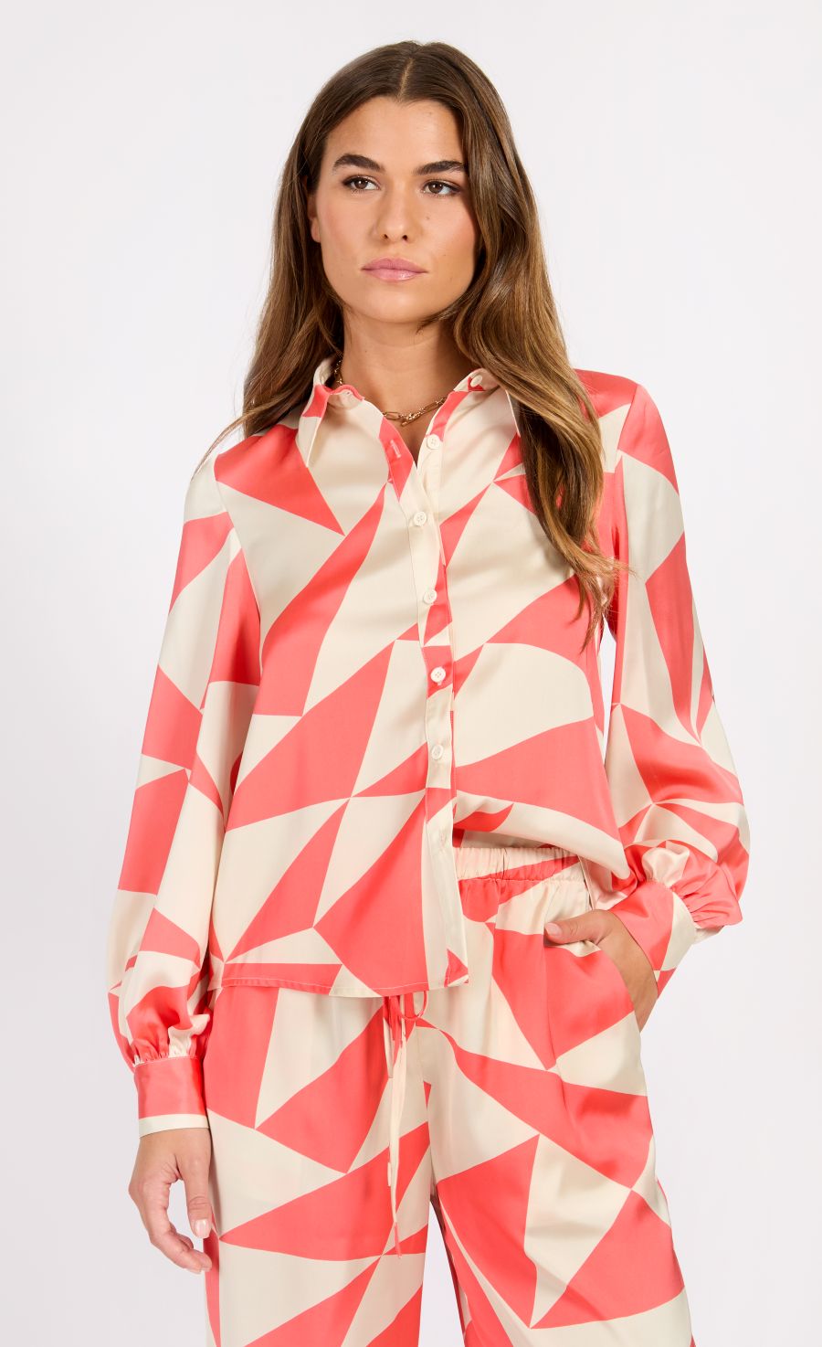 Little Mistress Coral Geo Print Satin Shirt - Coral 1 Shaws Department Stores