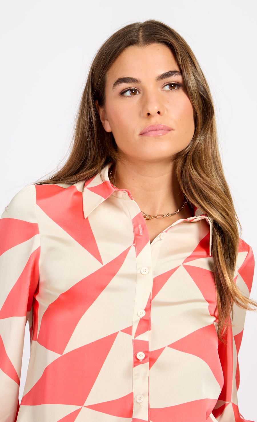 Little Mistress Coral Geo Print Satin Shirt - Coral 3 Shaws Department Stores