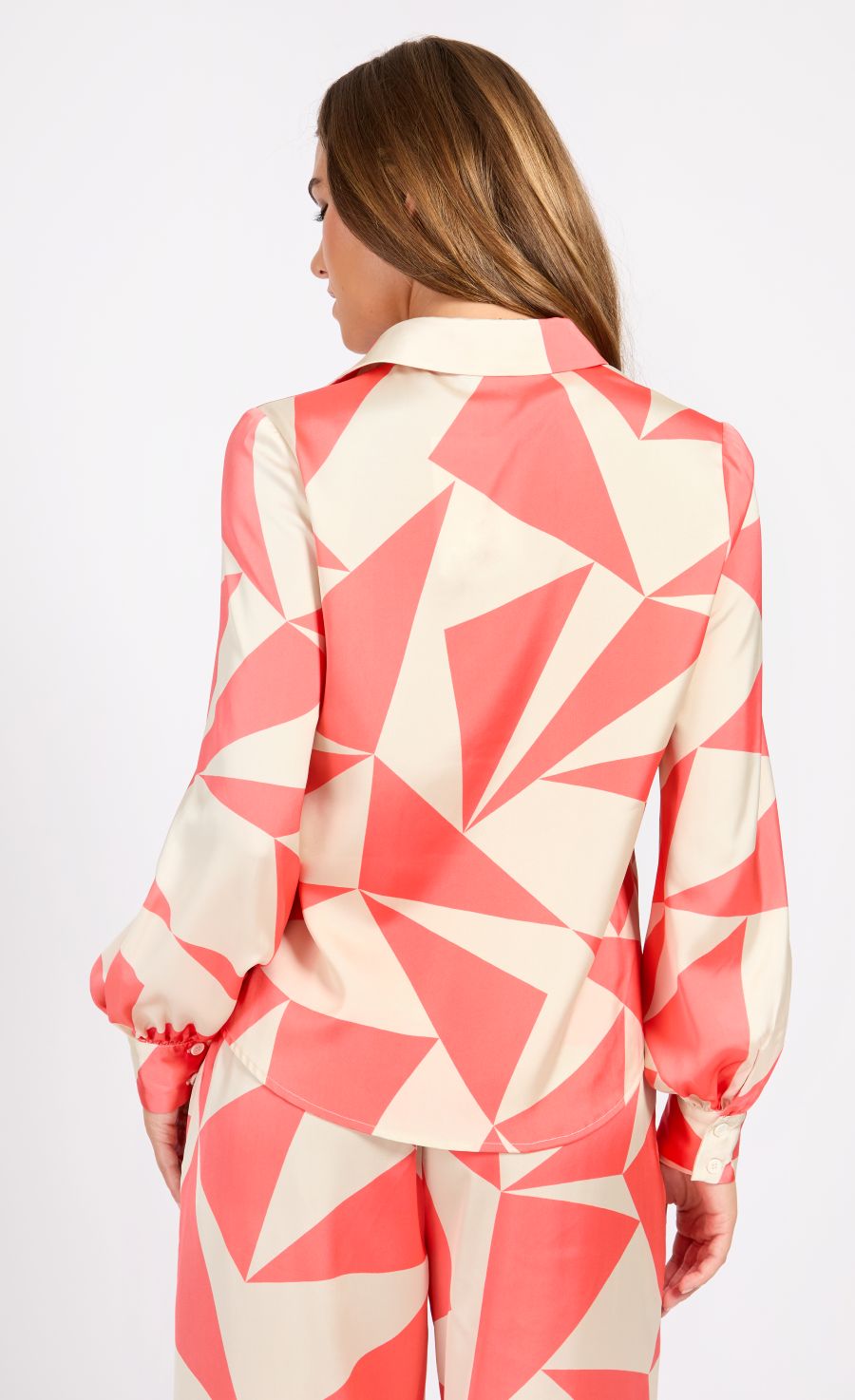 Little Mistress Coral Geo Print Satin Shirt - Coral 4 Shaws Department Stores