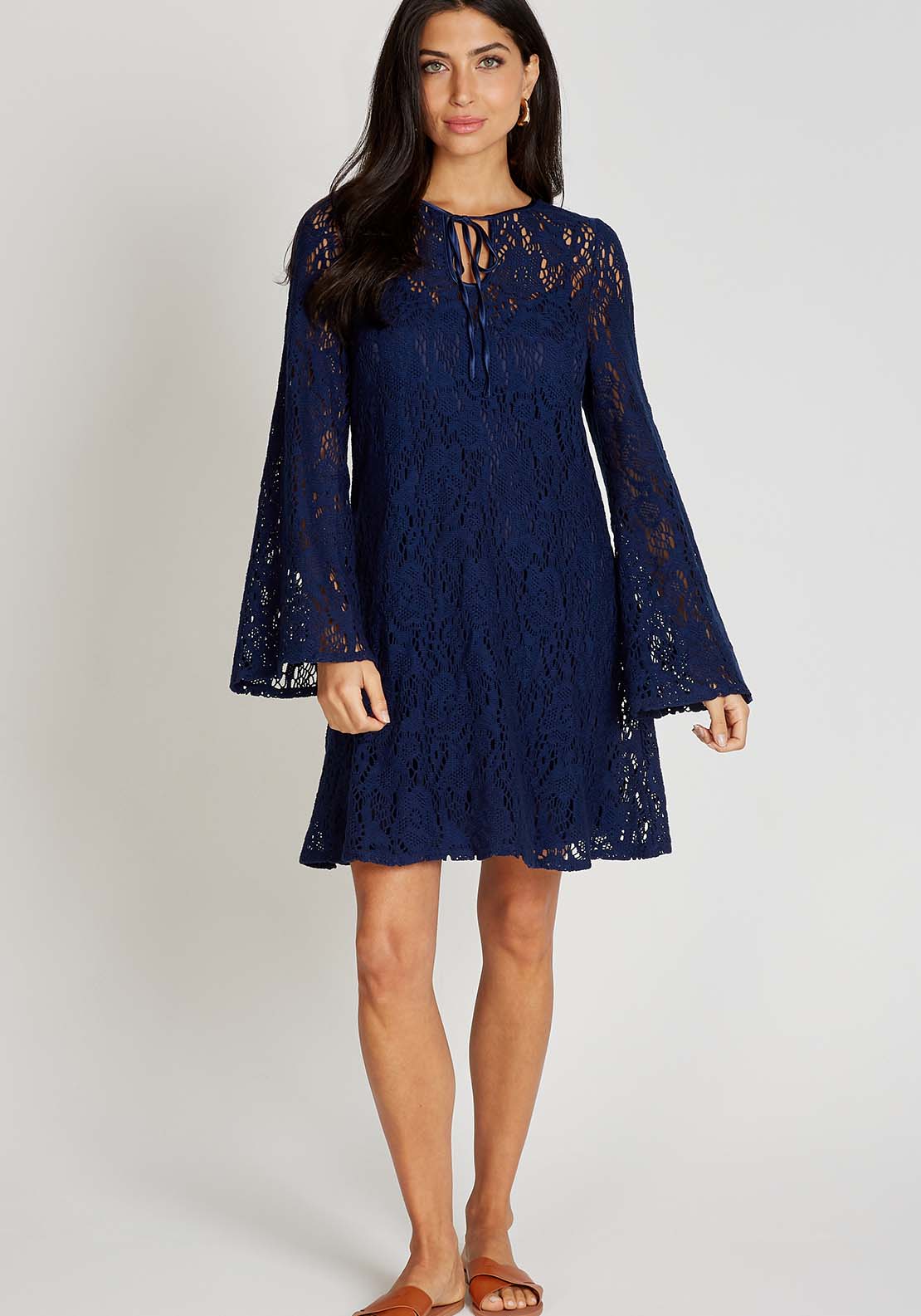 Little Mistress Navy Crochet Mini Dress - Blue 1 Shaws Department Stores