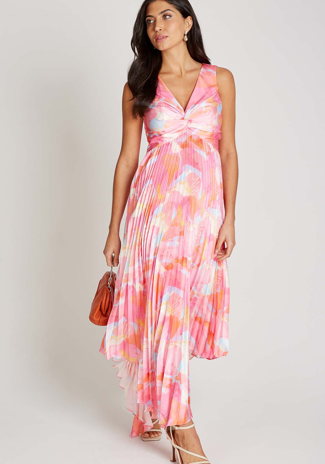 Little Mistress Pink Print Satin Pleated Midi Dress - Pink Print 1 Shaws Department Stores