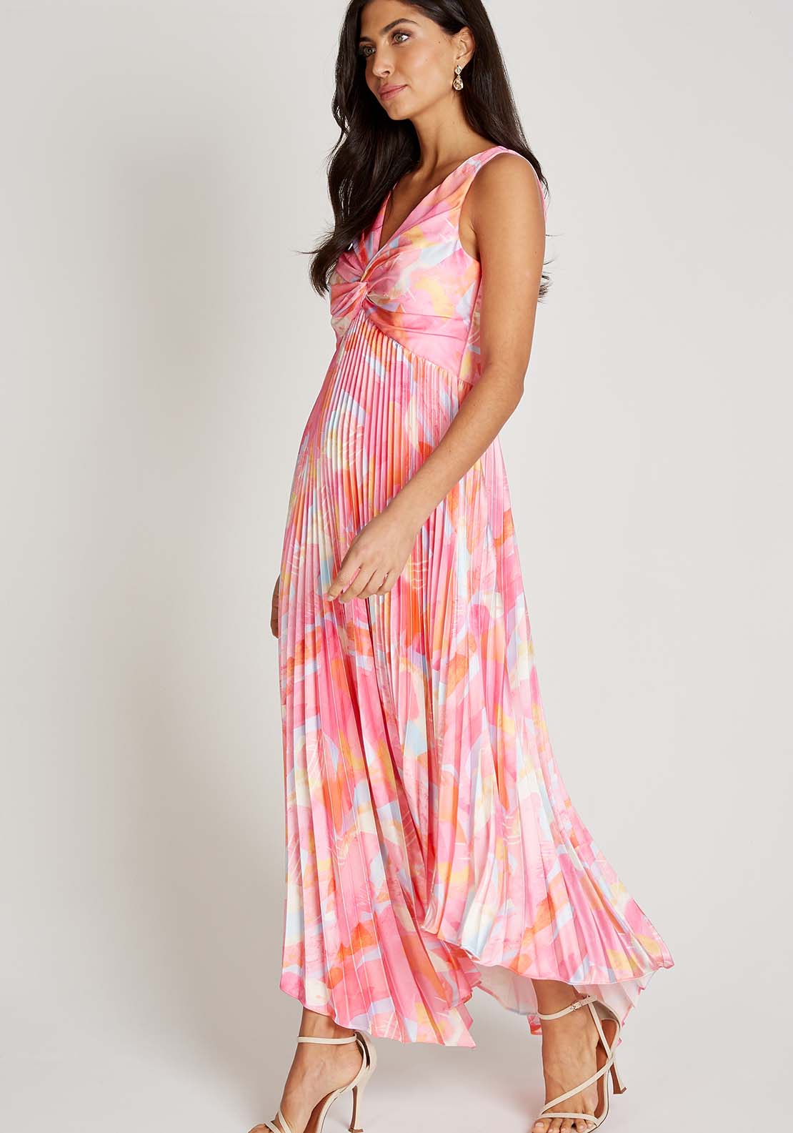 Little Mistress Pink Print Satin Pleated Midi Dress - Pink Print 3 Shaws Department Stores