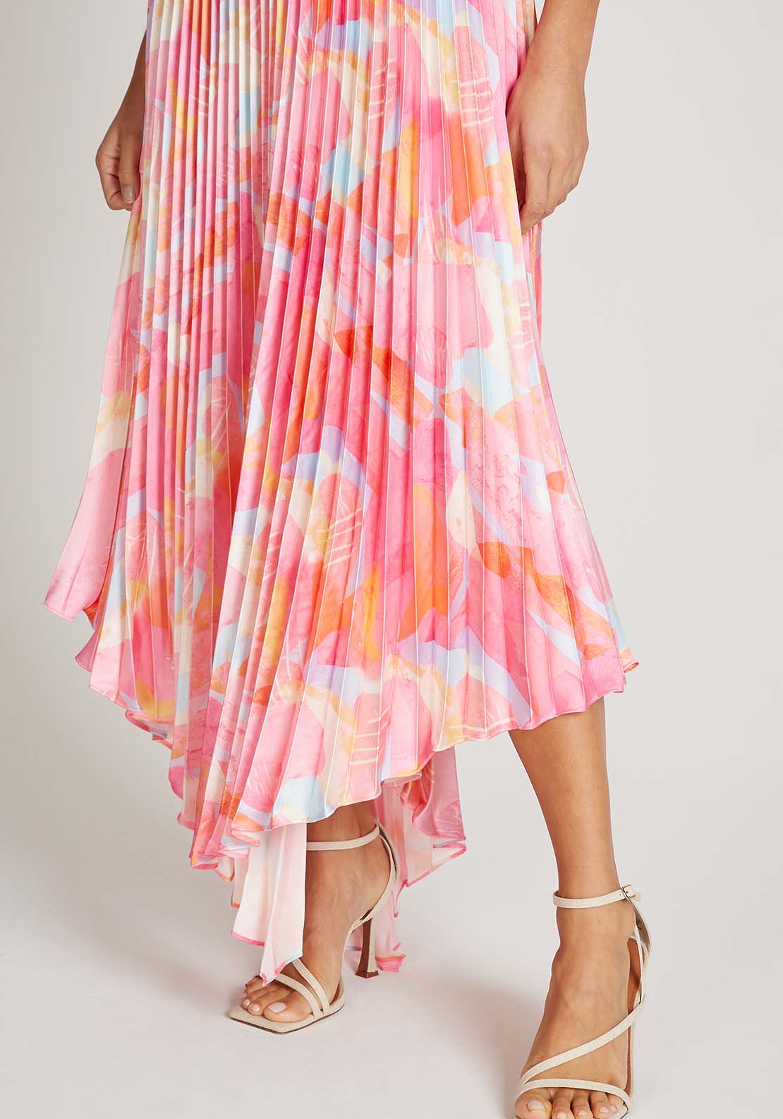 Little Mistress Pink Print Satin Pleated Midi Dress - Pink Print 4 Shaws Department Stores