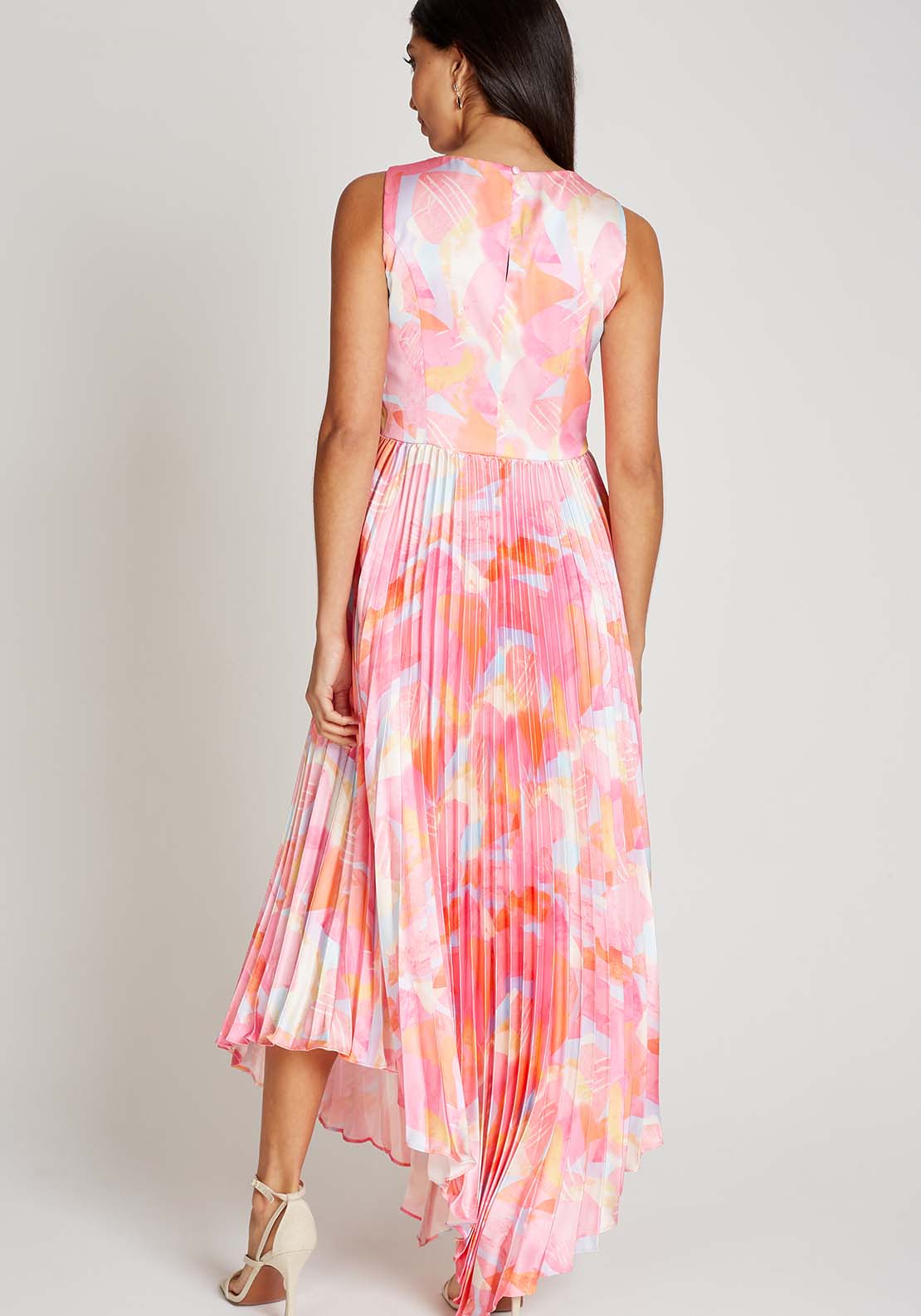 Little Mistress Pink Print Satin Pleated Midi Dress - Pink Print 2 Shaws Department Stores