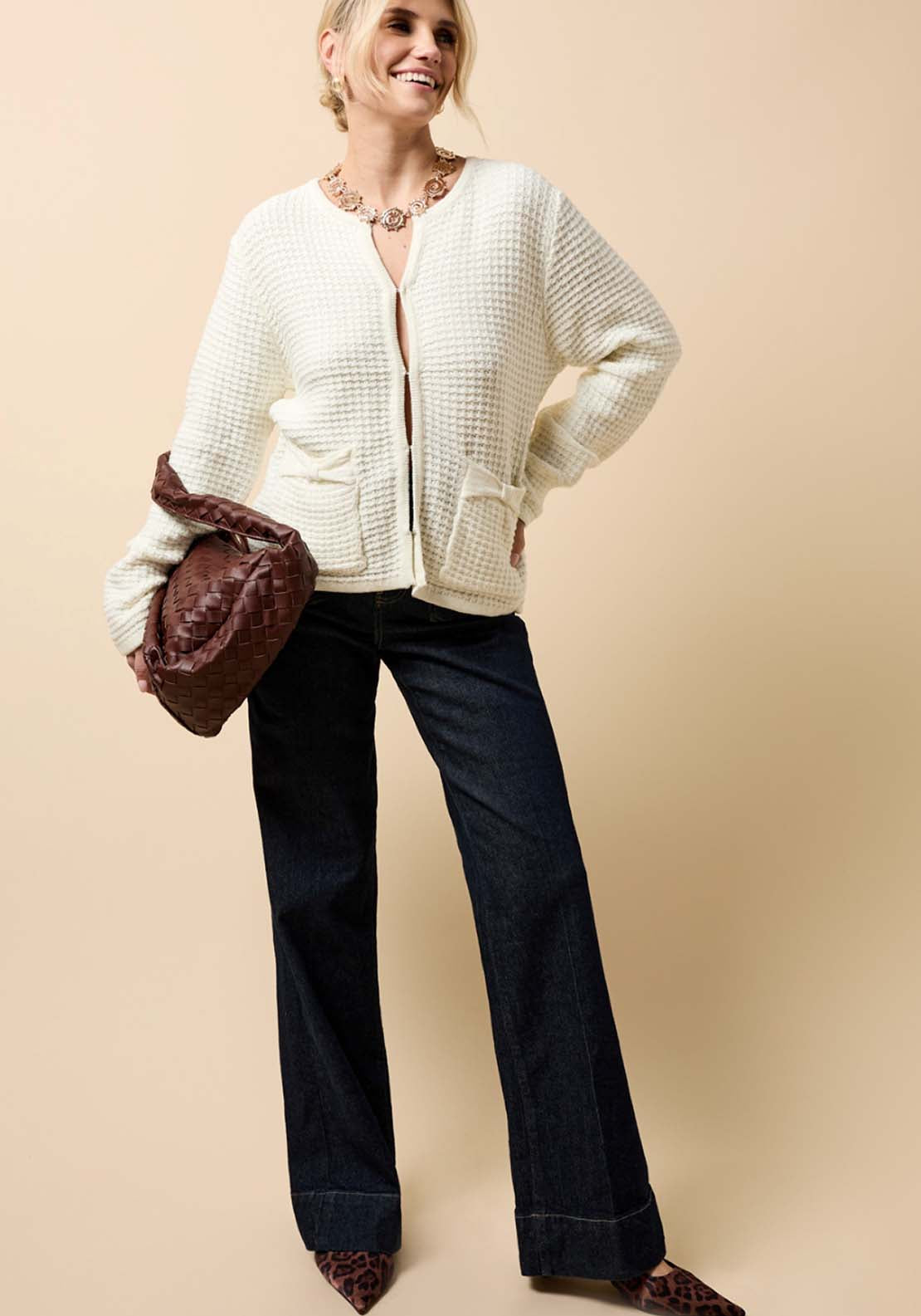 Knitted Bow Pocket Detail Cardigan - Cream