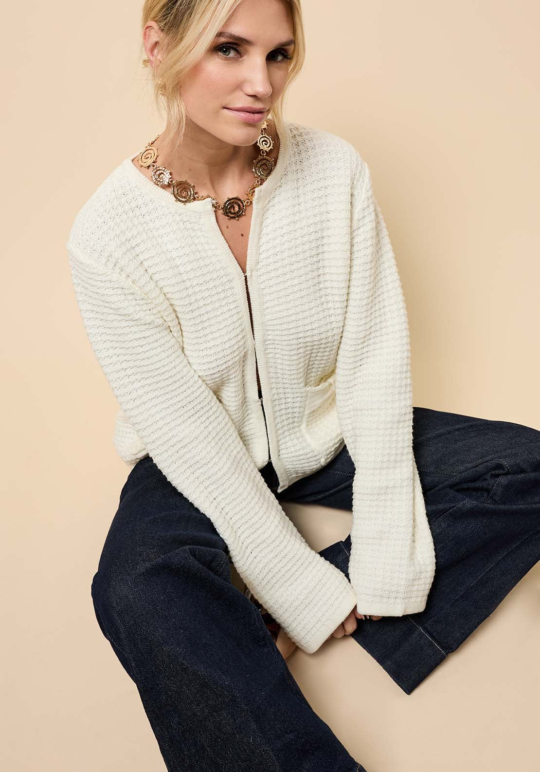 Knitted Bow Pocket Detail Cardigan - Cream